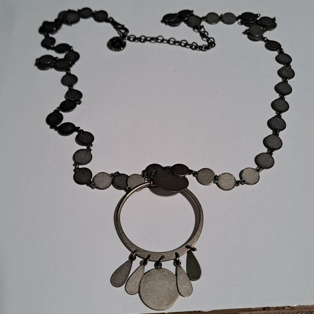 circle flat disc and hoops long necklace Sylvie Germain